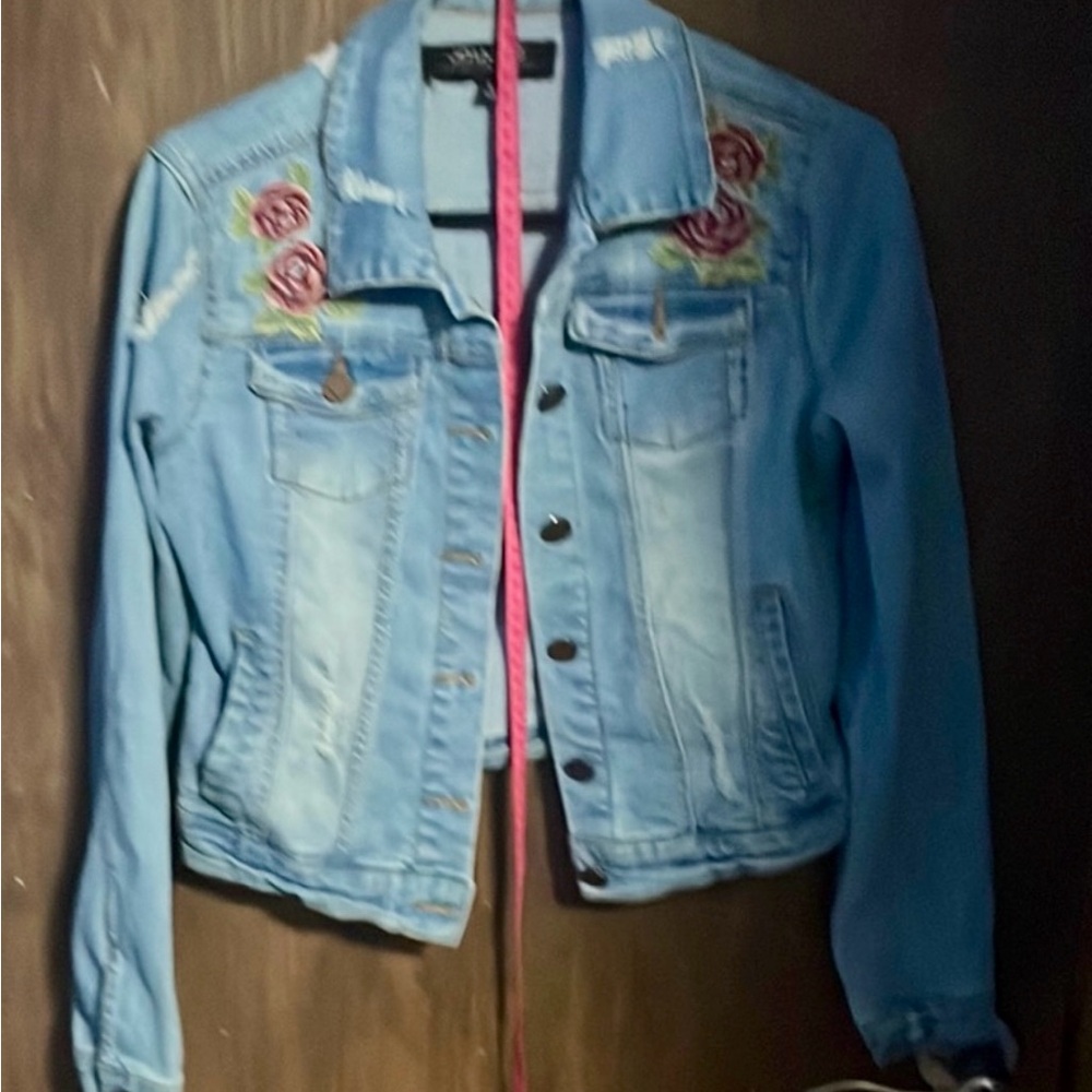 Jou Jou Blue Embroidered Cropped Jean Jacket
